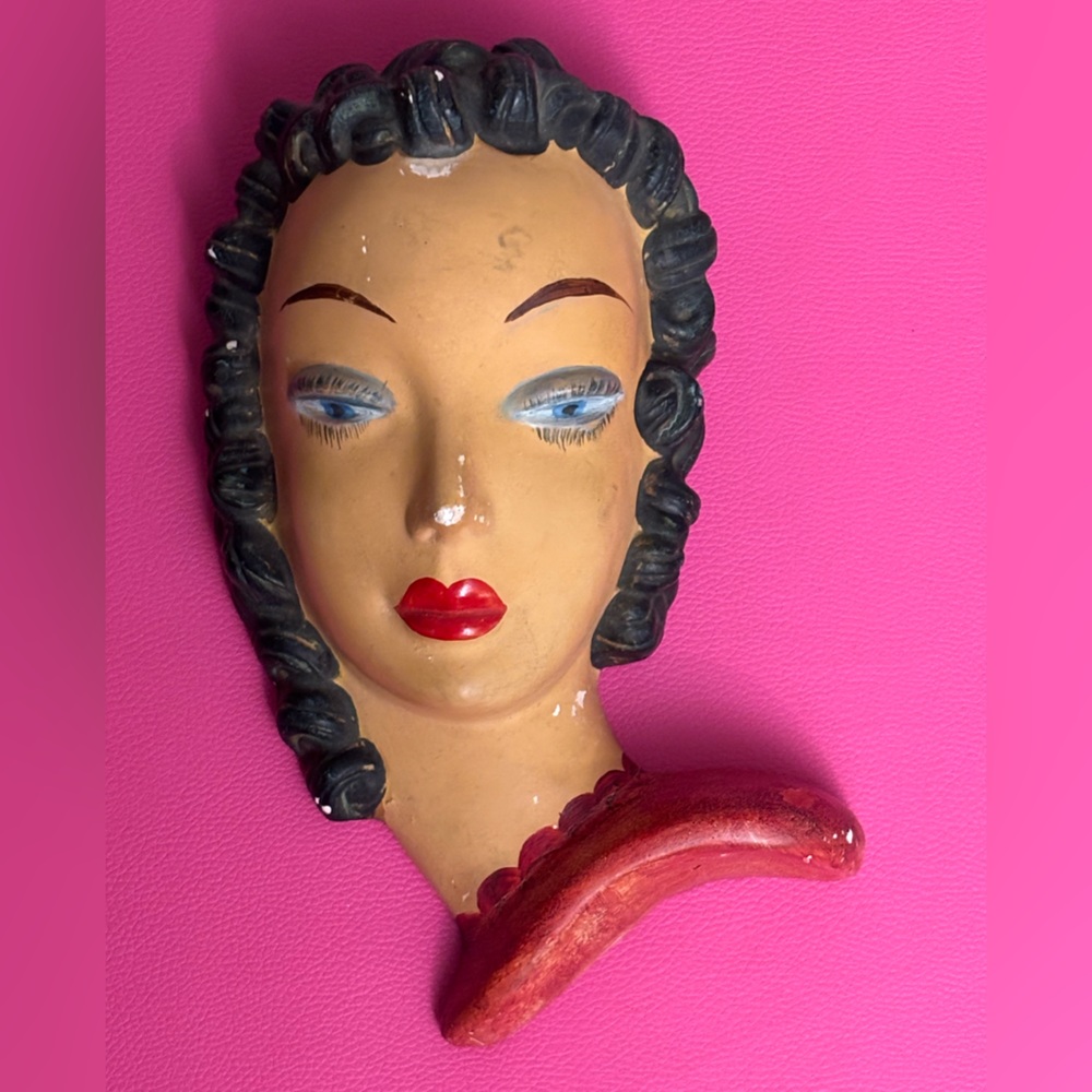 Vintage Art Deco Lady Head Wall Pocket Planter Chalkware Mid Century Modern mcm